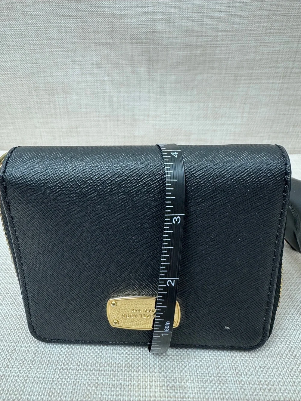 Michael Kors Black Saffiano Leather Compact Zip Wallet with Gold Plate